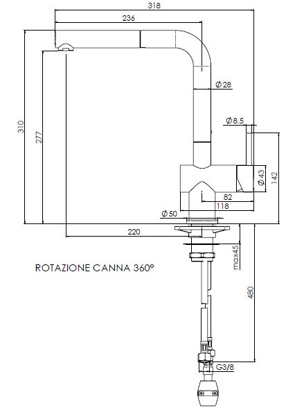 Maattekening Reginox Cedar keukenkraan